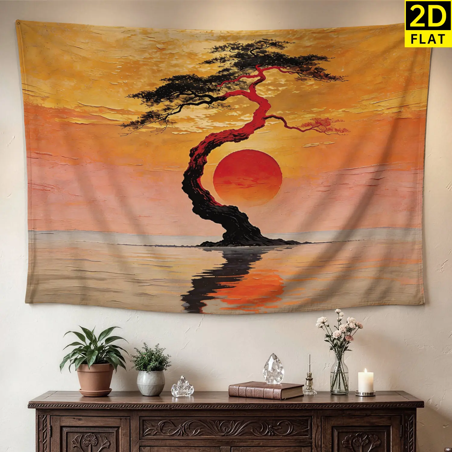 Sunset Bonsai Tree Nature Landscape Wall tapestry,Large size Printed Horizontal Tapestry blanket,Polyester Fabric Wall Hanging for living room,bedroom,No Installation Required,Indoor,Outdoor,Gift for Family and Friends