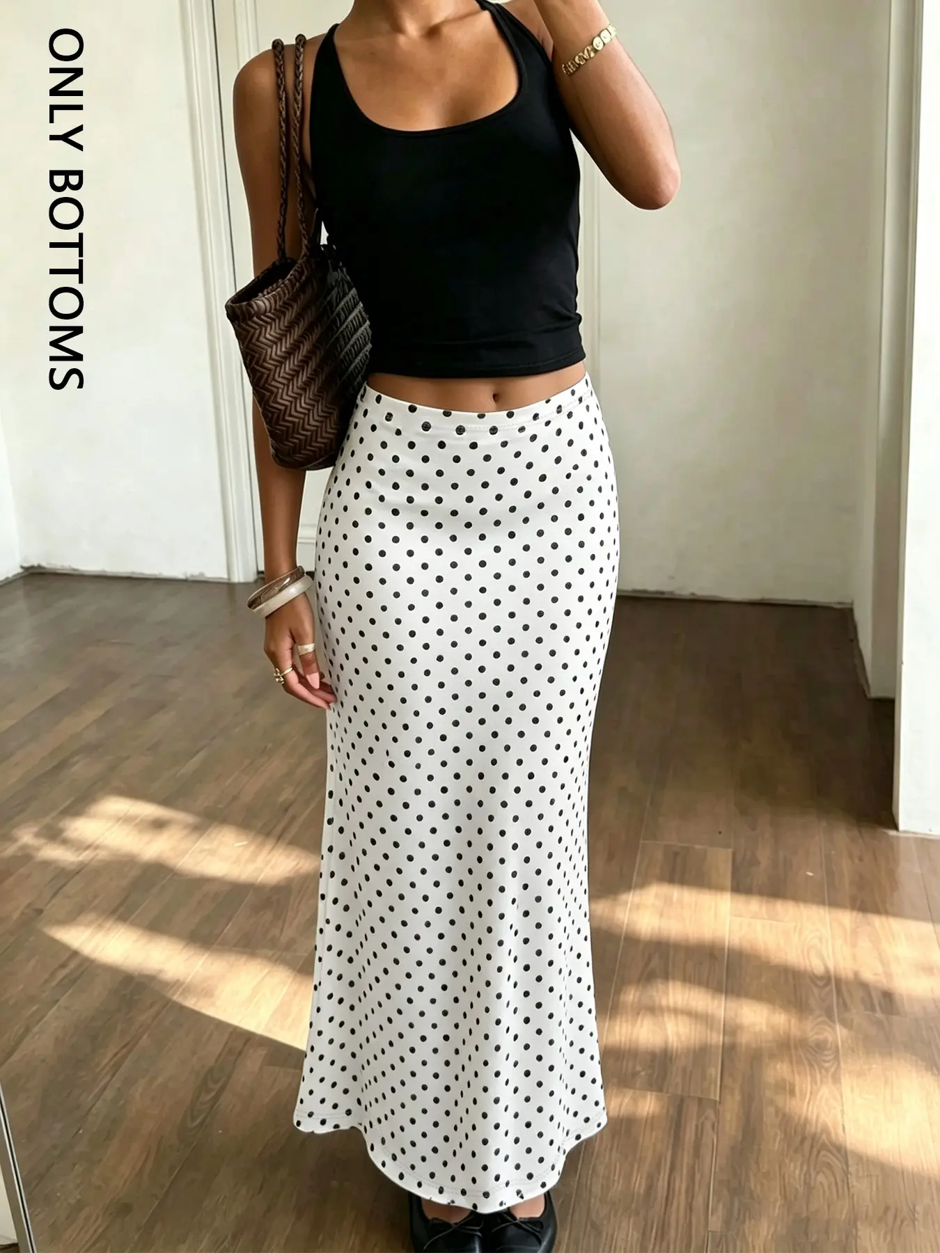 Women's White Long Skirt With Black Polka Dots, Vintage Elegant Bottoms, Perfect For Daily, Vacation And Street Outfits