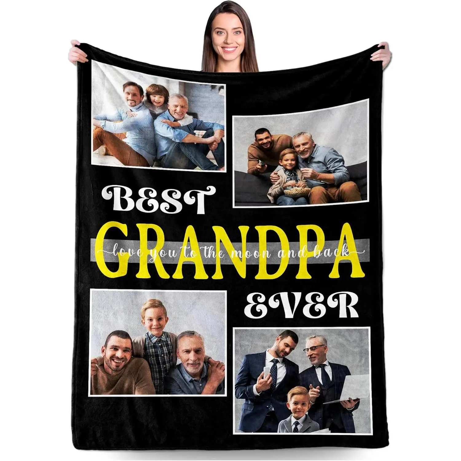 Customized 4-Picture Ultra-Soft Flannel Throw Blanket - "To The Moon And Back" Photo Collage, Wrinkle Resistant, Multi-Size Wedding Keepsake, Father’s Day Gift for Grandpa, Milestone Bonding Time Home Decor
