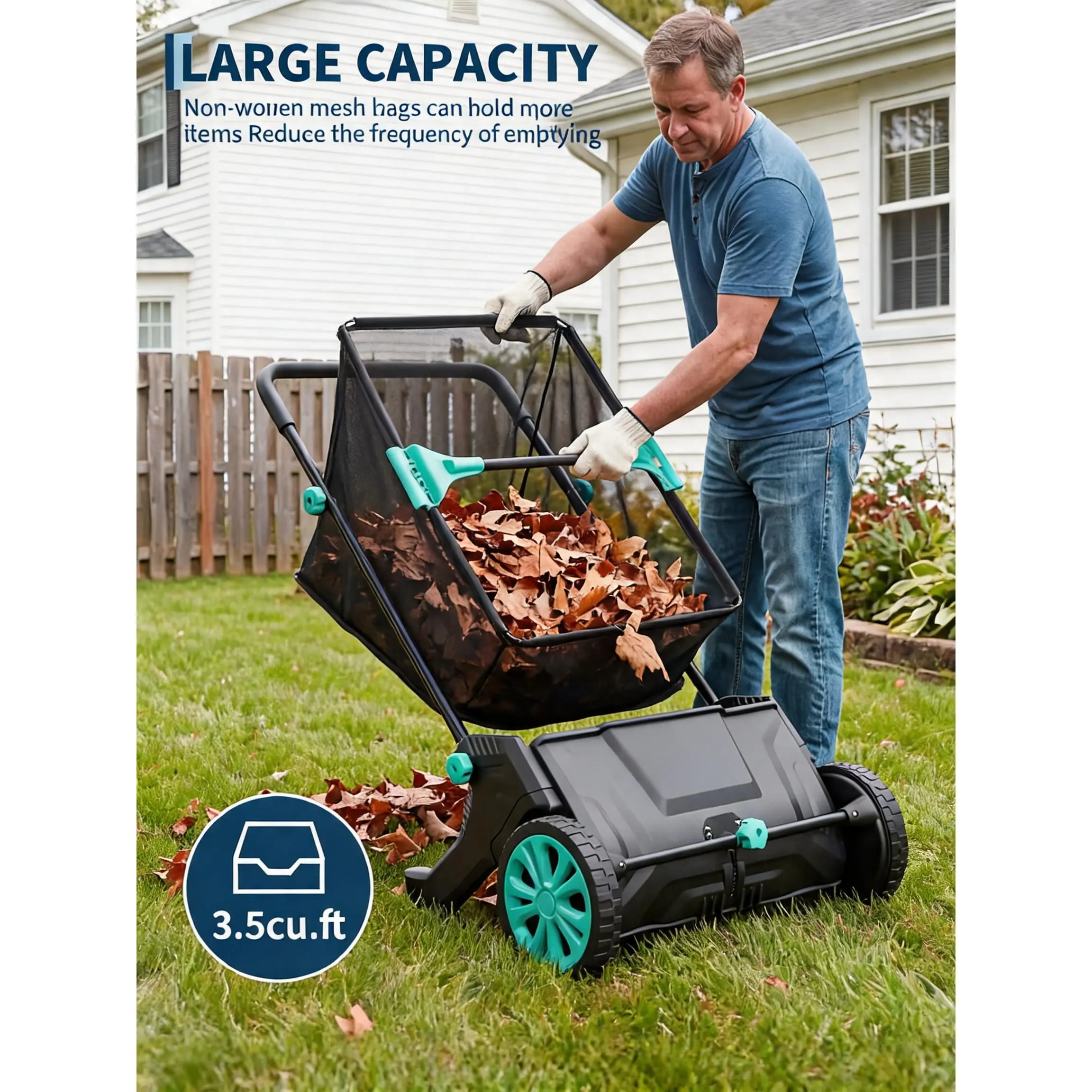 21" Push Lawn Sweeper, Leaf & Grass Collector with 3.5 Cu Ft Collection Bag 21" Sweeping Width; 4 Rotating Brushes; 3.5 Cu Ft Mesh Bag; Adjustable Height; Lightweight Construction; For Lawn Yard Garden