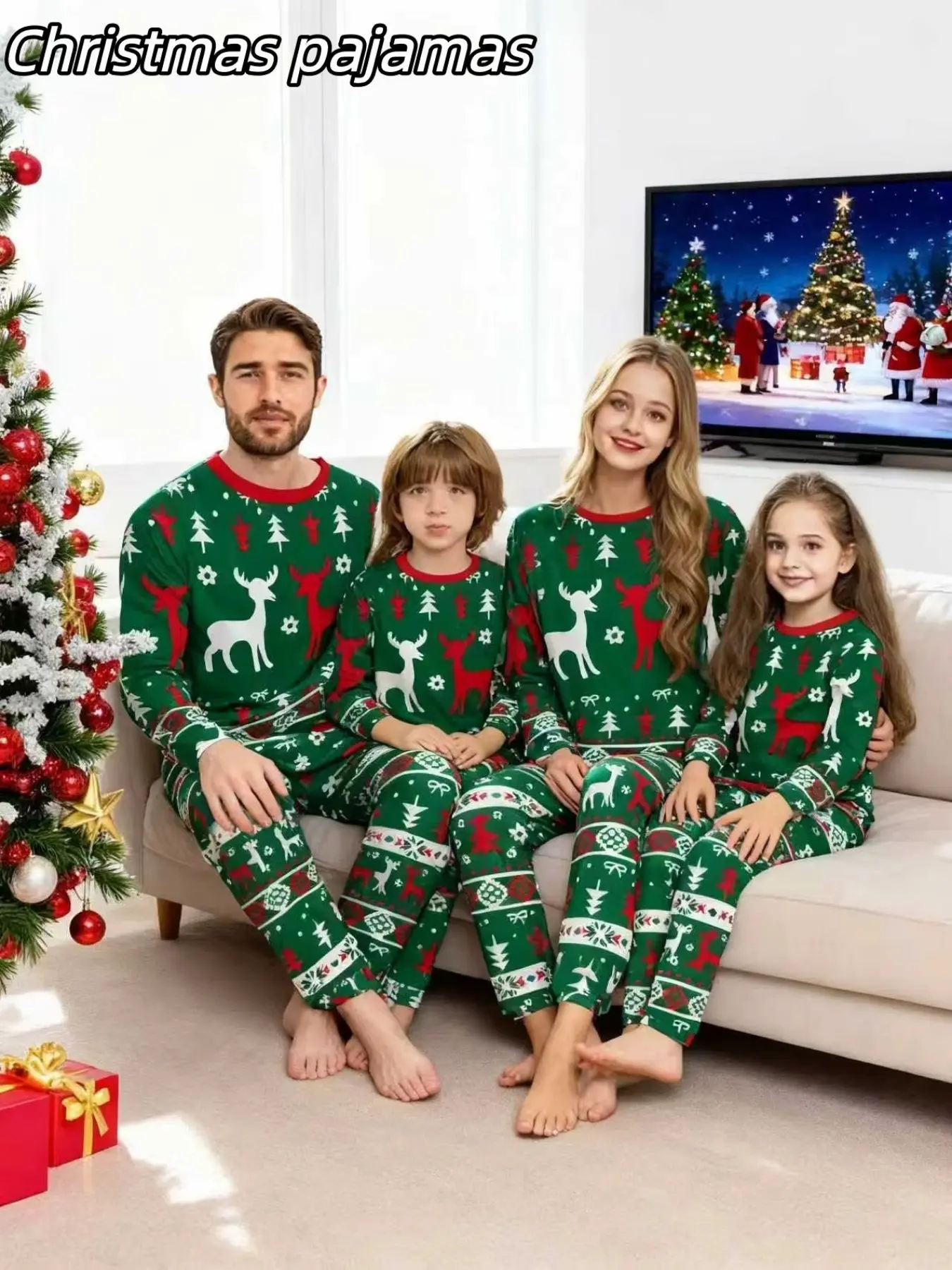 2-Piece Christmas Pajama Set, Long Sleeve and Pants, Reindeer Print, Couples Sleepwear, Men Women Kids, Casual Loose Fit, All Seasons
