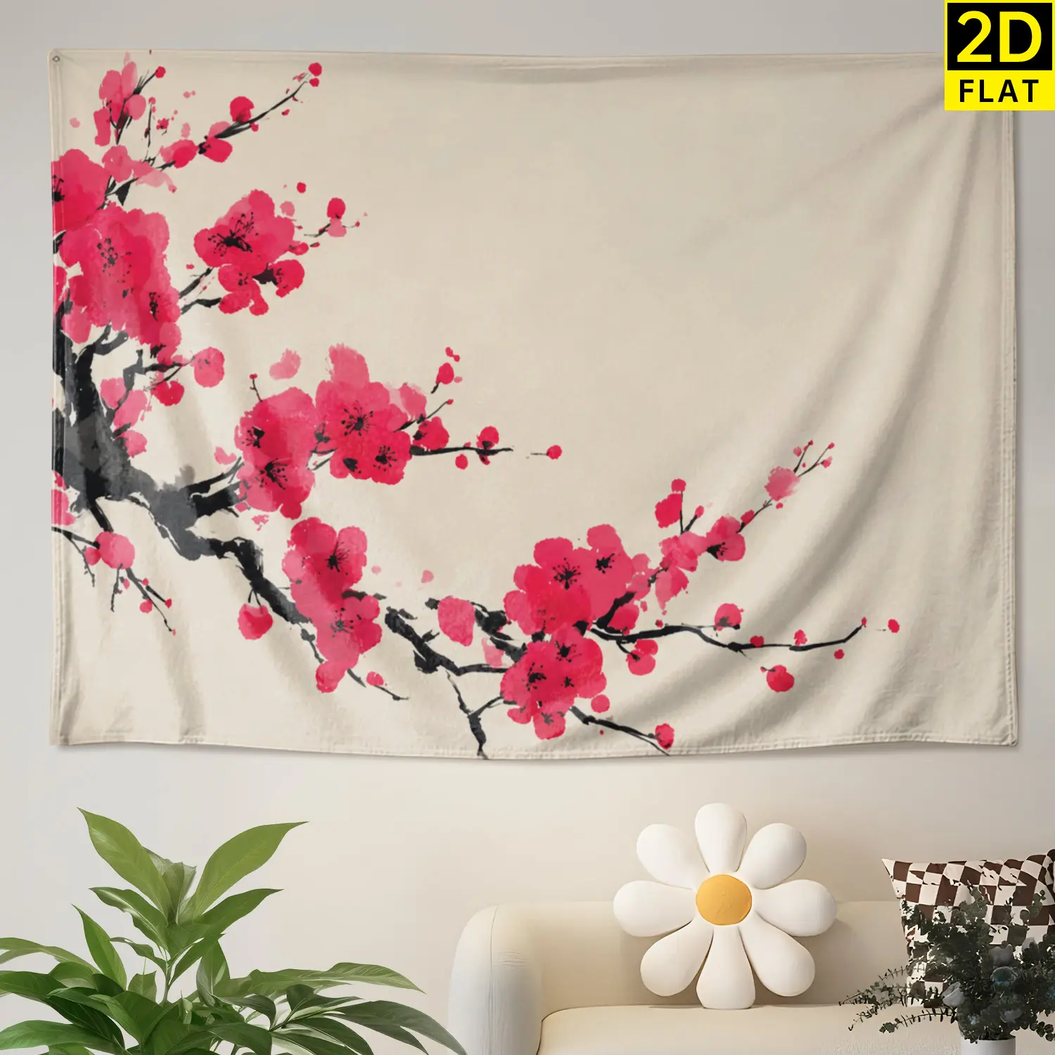 Traditional Ink Wash Art Red Plum Blossom Polyester Wall Tapestry - Large Horizontal Hangable Hippie Printed Blanket, Colorfast No-Installation Home Decoration, Wall Decor for Living Room, Gift for Loved Ones