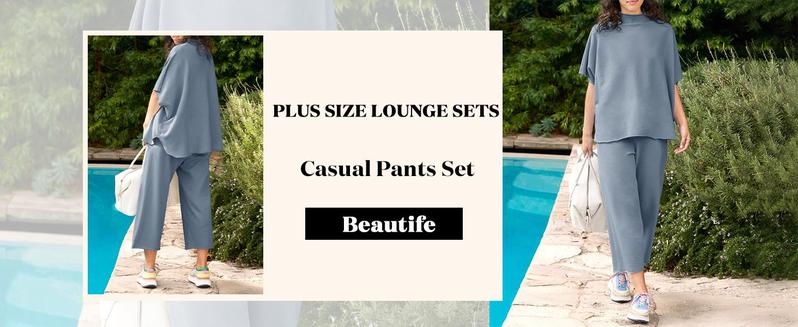【L-5XL】Plus Size Curve imily bela curve Women's Plus Size 2 Piece Outfits 3/4 Batwing Sleeve Capelet Crew Neck Pullover Top Wide Leg Pants Lounge Set