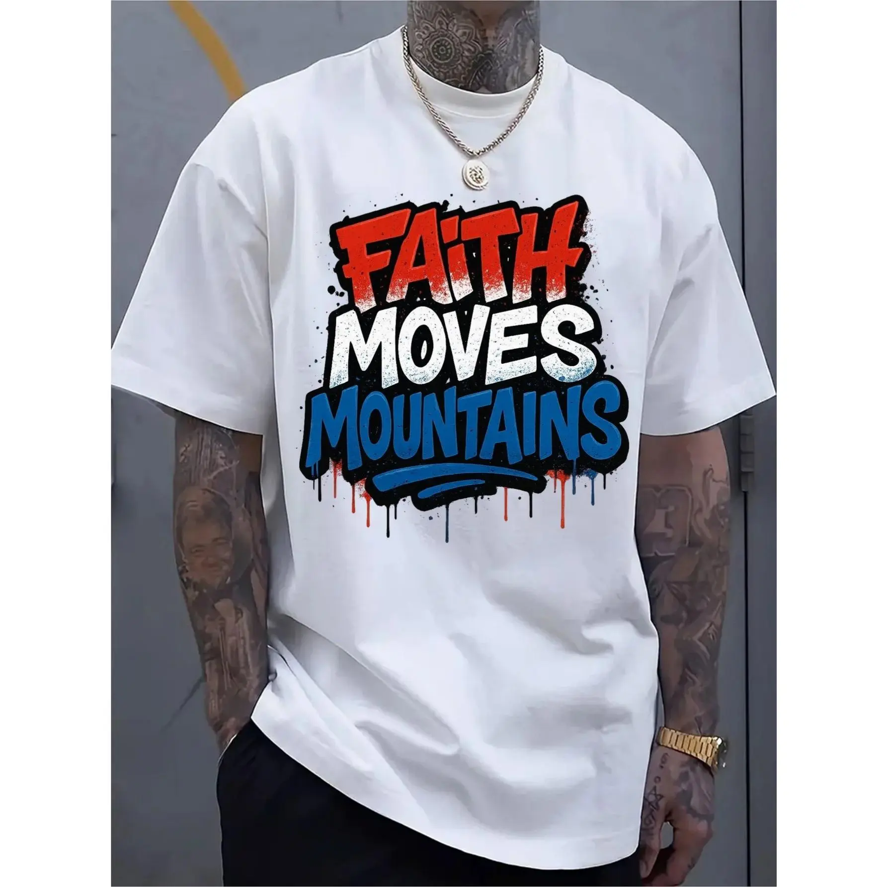 [Oversized Inspirational T-Shirt] White Oversized Casual Men's Short-sleeve T-shirt- "Faith Moves Mountains" Design, Red and Blue Contrasting Ink Splatter Effect, Stylish and Comfortable, Suitable for Daily Wear
