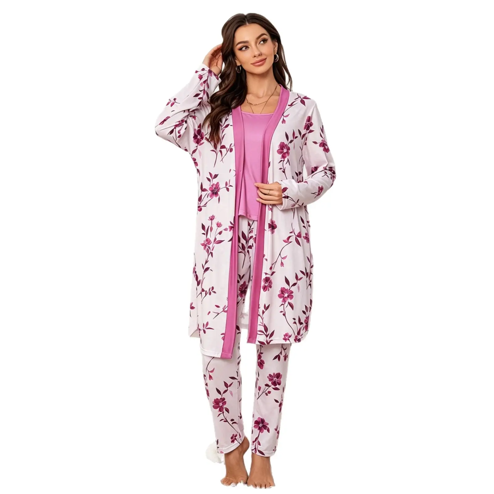 Women's Floral Print Pajama Set, 3-Piece Long Sleeve Kimono Cardigan, Cami & Pants Loungewear Sleepwear, Lady, Longsleeves, Pyjamas