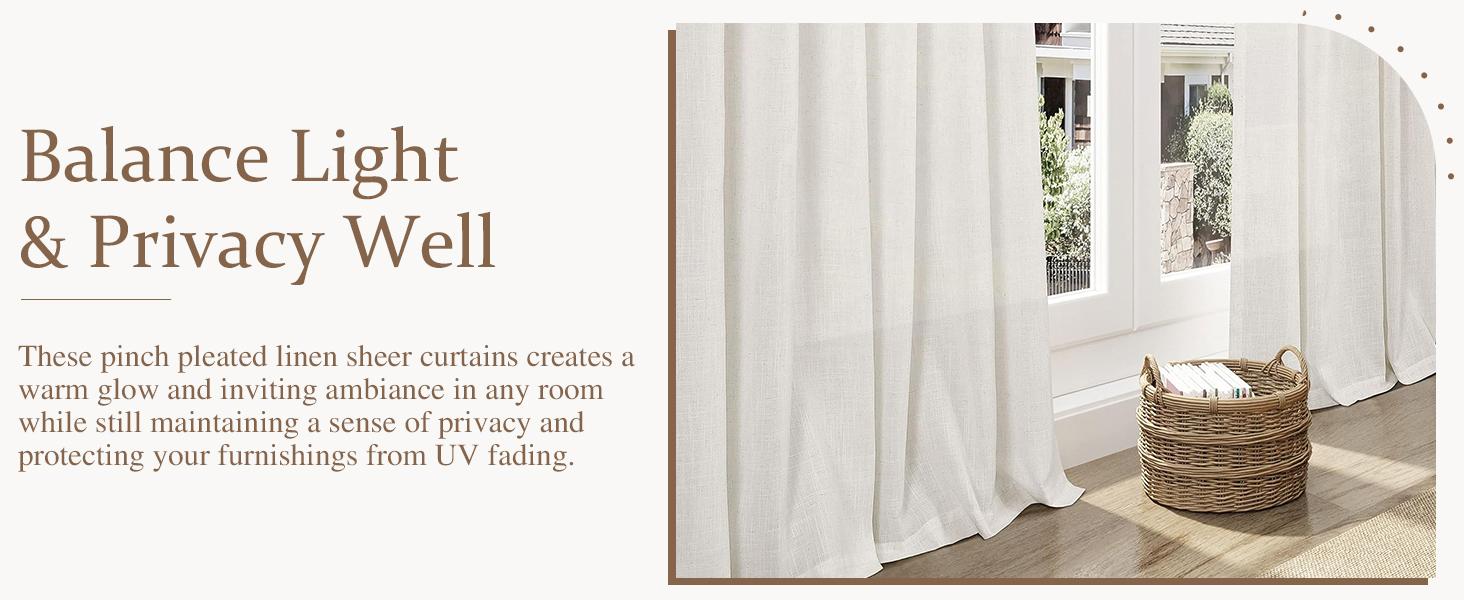 Pinch Pleated Linen Curtains 96 Inches Long for Living Room Semi Sheer Curtain 2 Panels for Bedroom Natural Cream Light Filtering Back Tab Drape with Hook Rings Boho Rustic Farmhouse Decor