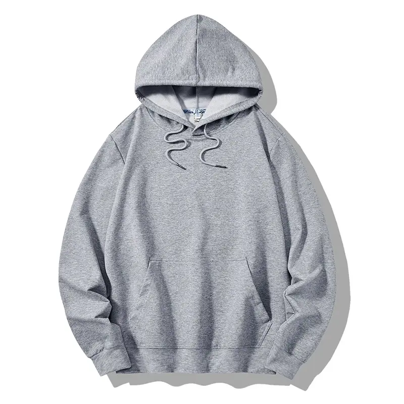 Classic drawstring hooded sweatshirt, front kangaroo pocket, long sleeves with ribbed cuffs and hem, soft heather fleece fabric, relaxed casual fit, basic versatile hoodie for daily streetwear and layered matching outfits