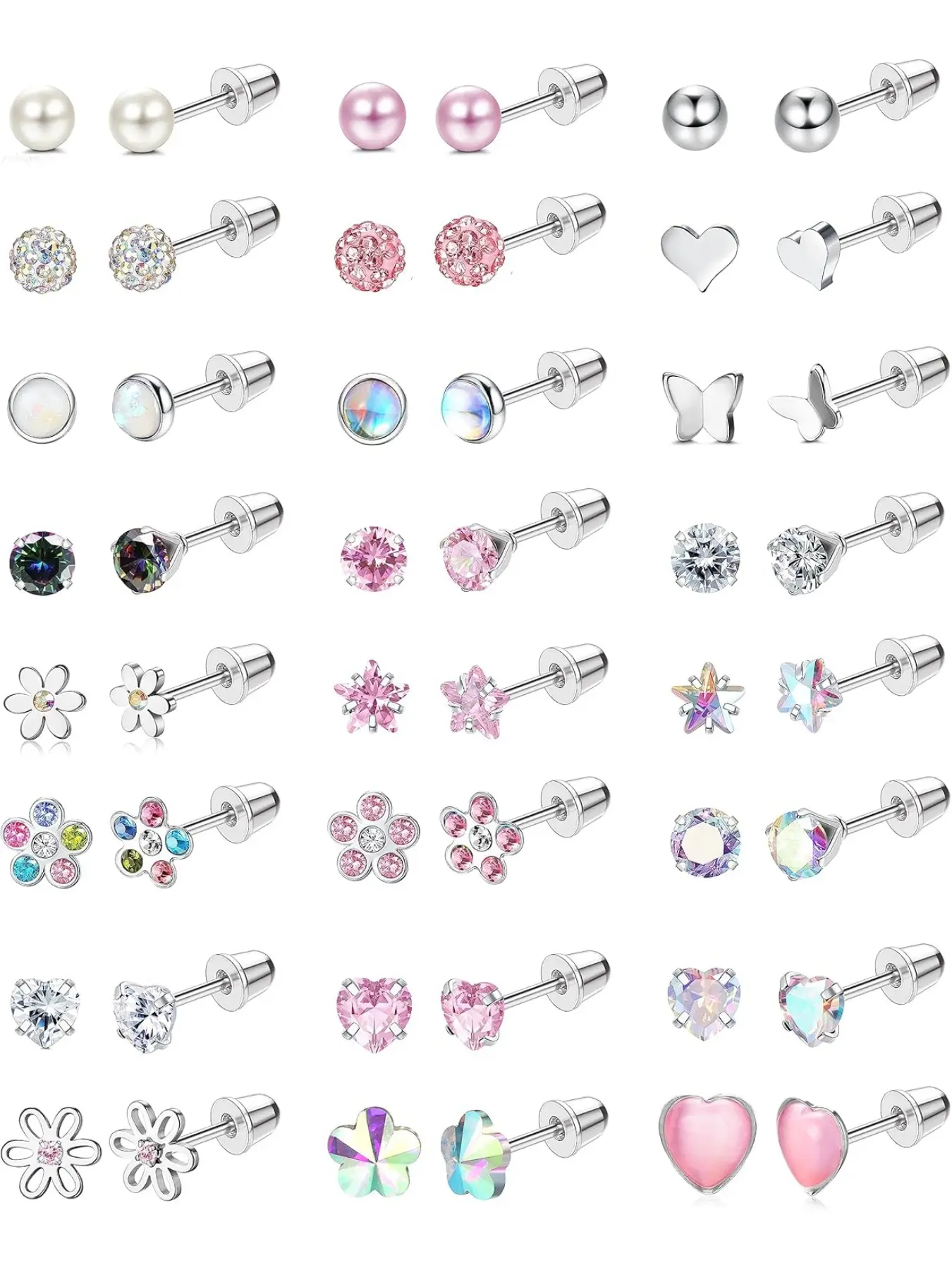 24Pairs Hypoallergenic Stainless Steel Earrings for Girls Women -   Screw Back Earring Cute Kids Baby Toddler Earrings 4mm Tiny Screwback Flat Back Stud Earring Set Flatback Stud Earrings Age: Over 3 Years Old