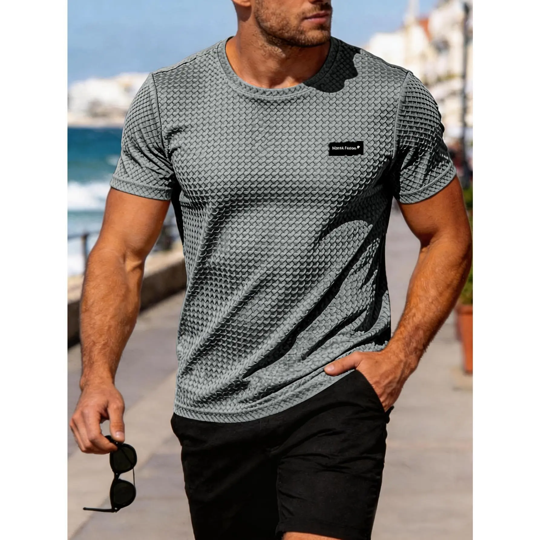 Men's Stylish Grey Diamond Grid Short Sleeve T-Shirt, Casual Loose Fit Round Neck Top, Breathable American Look with Logo on Chest, Twill, Geometric, Clothes, 3D Diamond Grid Texture