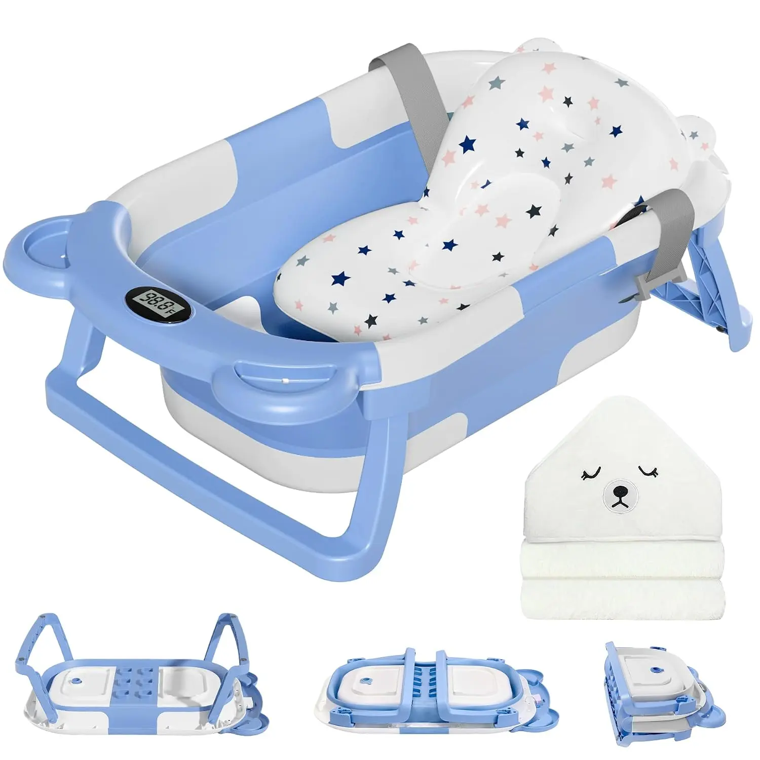 Foldable Infant Size Baby Bathtub with Thermometer, 1 Hooded Towel, Soft Cushion & Drain Hole, Prop 65 Safe Portable Travel Tub for Newborns to Toddlers, Durable Collapsible Design, Foldable Bathtub