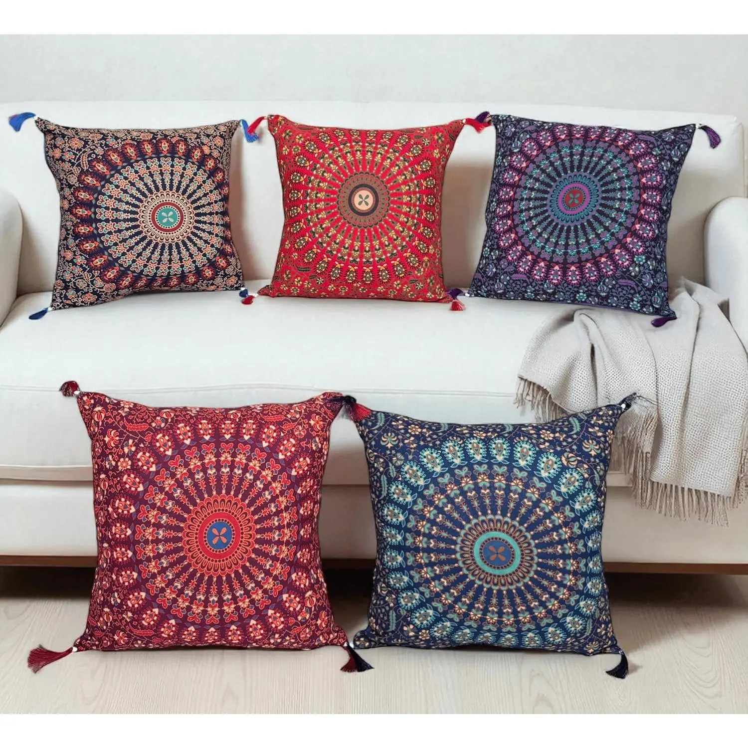 Set Of 5 Boho Throw Pillow Covers - Silk Decorative Cushions For Sofa, Couch, And Bed – Bohemian, Indian & Moroccan Inspired  DéCor For Living Room (Mandala Cushion Cover, 18X18 Inches)