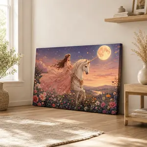 Princess with Unicorn Horizontal Canvas Wall Art, Fantasy Sunset Painting Poster, Whimsical Meadow Home Decor, Available as Unframed Canvas Poster or Framed Canvas Wrap