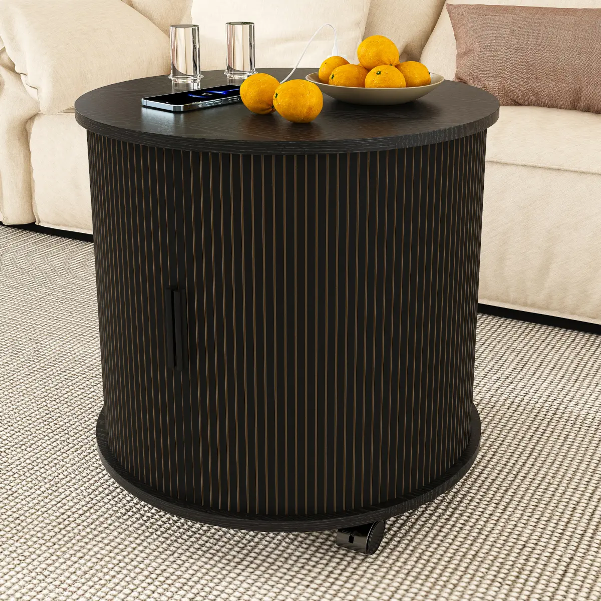 Set of 2 Mid Century Modern Cylinder End Table with Built-in Charging Station & Sliding Door, 2-Tier Storage Round Nightstand with USB Ports, Bedside Table for Living Room, Bedroom, Entryway-Black