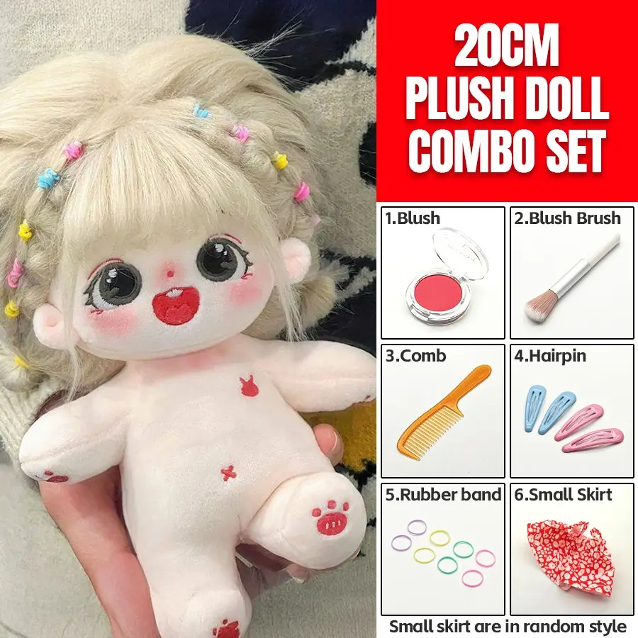 Cute 20cm Plush Doll Set, Soft Adorable Stuffed Toy with Makeup Accessories, Skirt Hairclip Comb, Desktop Decor, Collectible Gift