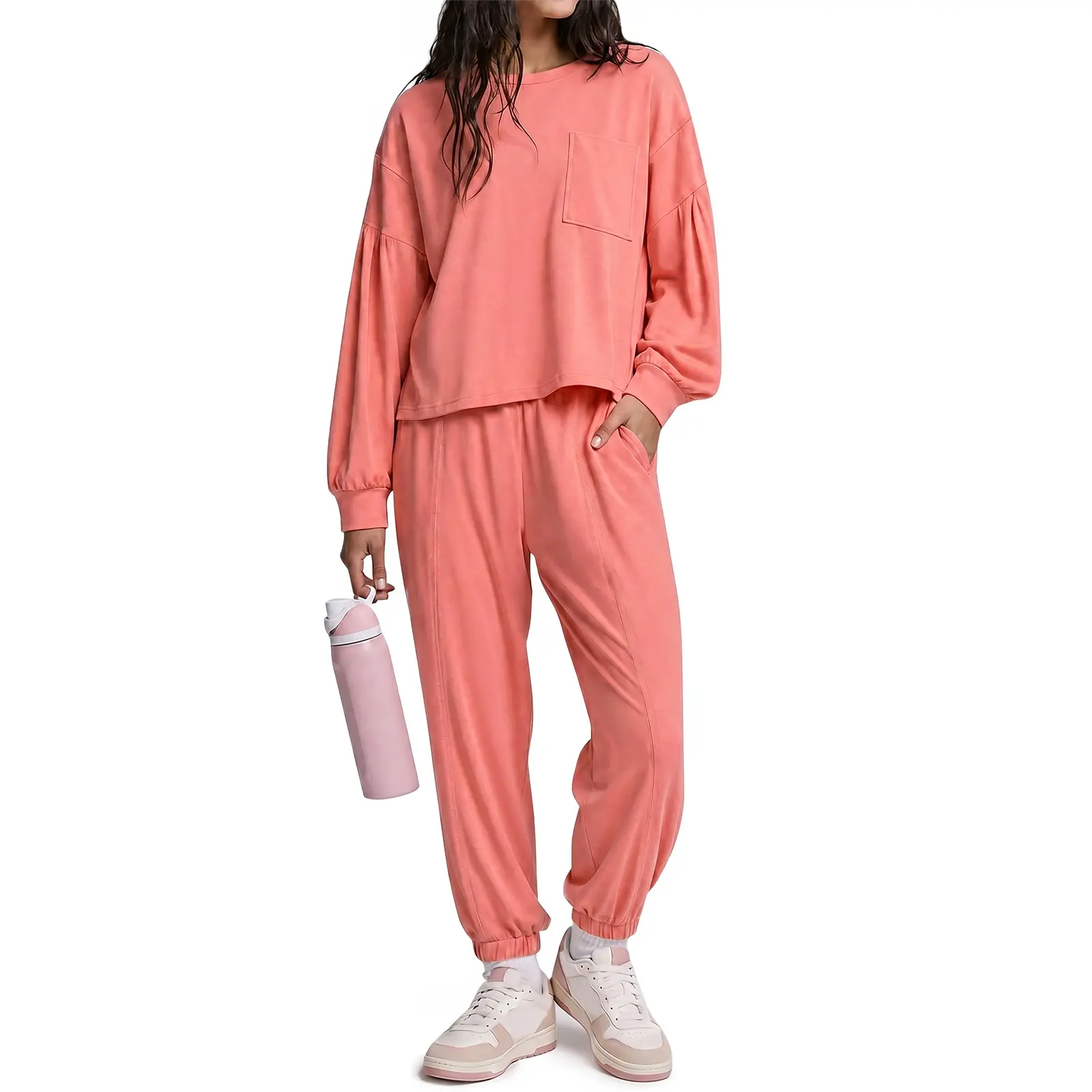 Yousify Women's 2-Piece Elastane Lounge Tracksuit - Classic Basic Chic Relaxed Puff Long-Sleeve Top & Loose Jogger Pants, Casual Travel Wear, Fashion, Loose-Fitting, Machine Washable, Normal Type, Athleisure Wear, Comfy Sets, Sporty Chic, Puff Sleeve, Pol