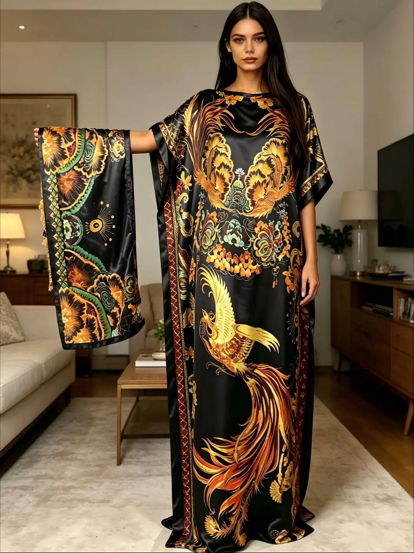 Plus Size Women's Two-Piece Satin Kaftan Style Dresses Set, Gold Phoenix Floral Print, Loose-Fit Home Wear, Perfect for Relaxing and Parties