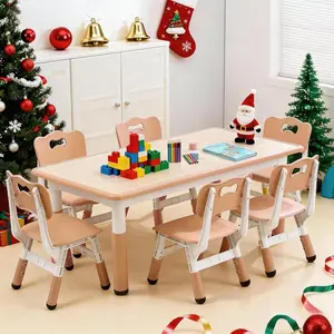 Kids Table and 6 Chairs Set – Graffiti-Resistant, Non-Slip Legs – Adjustable Multi-Activity Preschool Desk – Ideal for Home, Learning Room, or Daycare, Ages 2-10, Wood/Green