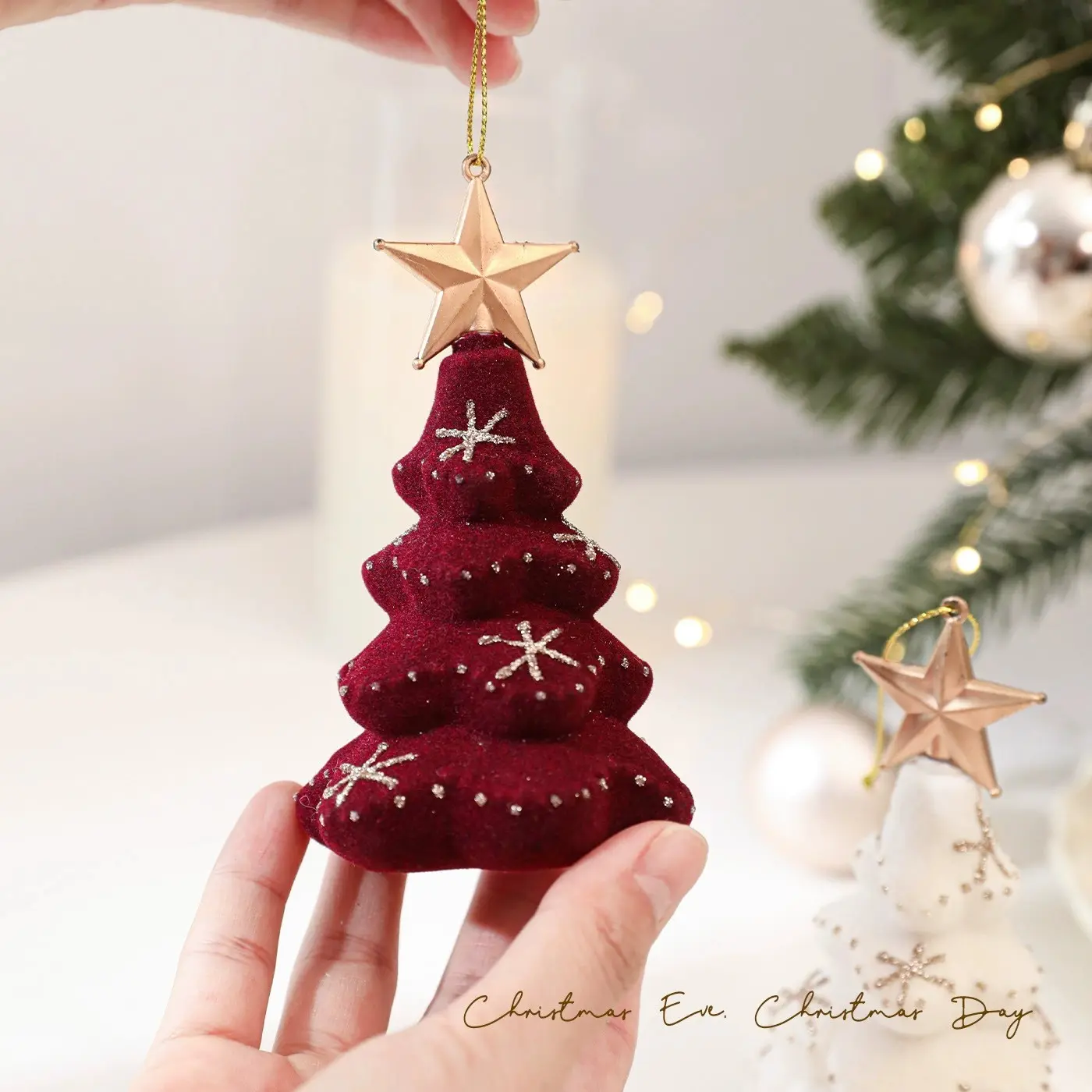 1pc Christmas Tree Ornament, Star Flocking Colorful Glitter Hanging Decor, Festive Party Scene Decoration, Holiday Seasonal Accessory