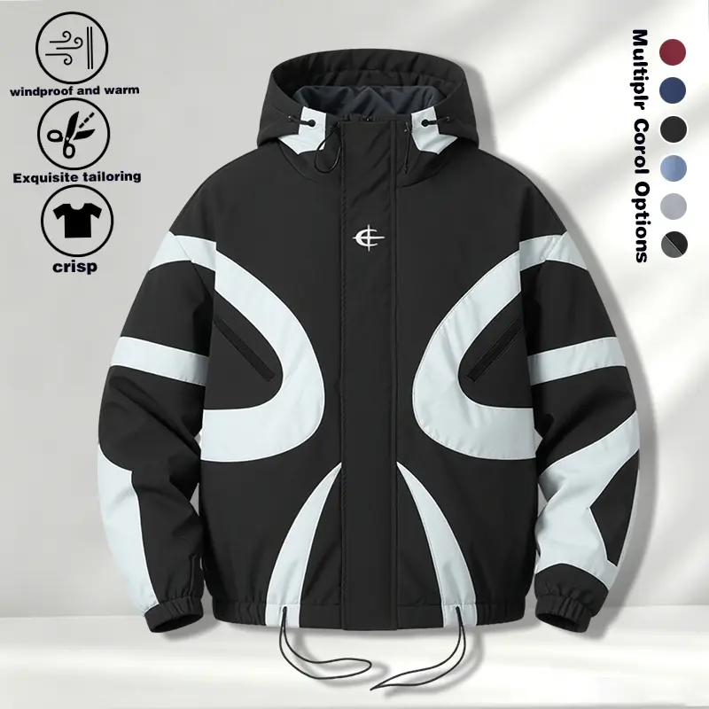 American Streetwear Geometric Patchwork Jacket Men's Black and Gray Loose Drop Shoulder Hooded Drawstring Windproof Coat