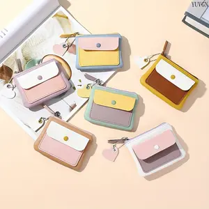 Sweet Macaron Color Block Mini Purse, Women's Compact Synthetic Leather Snap Wallet with Heart Charm Keychain for Cards & Coins