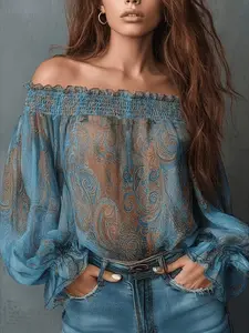 Women's Fashion Paisley Pattern One-Shoulder Top, Casual Loose-Fitting Shirt, Blouse, Plain Surface, Random Print, Lightweight Design