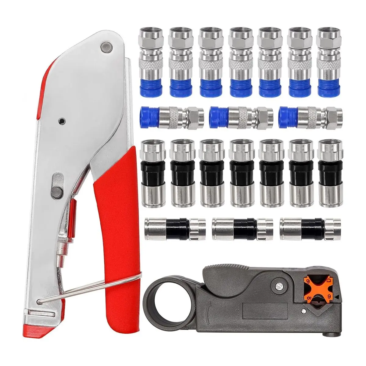 Coax Cable Crimper Tool Kit with 20 Pcs F Style RG59 RG6 Compression Connectors, Coaxial Cable Stripper, Compression Tool, and Crimper for Coaxial Cables