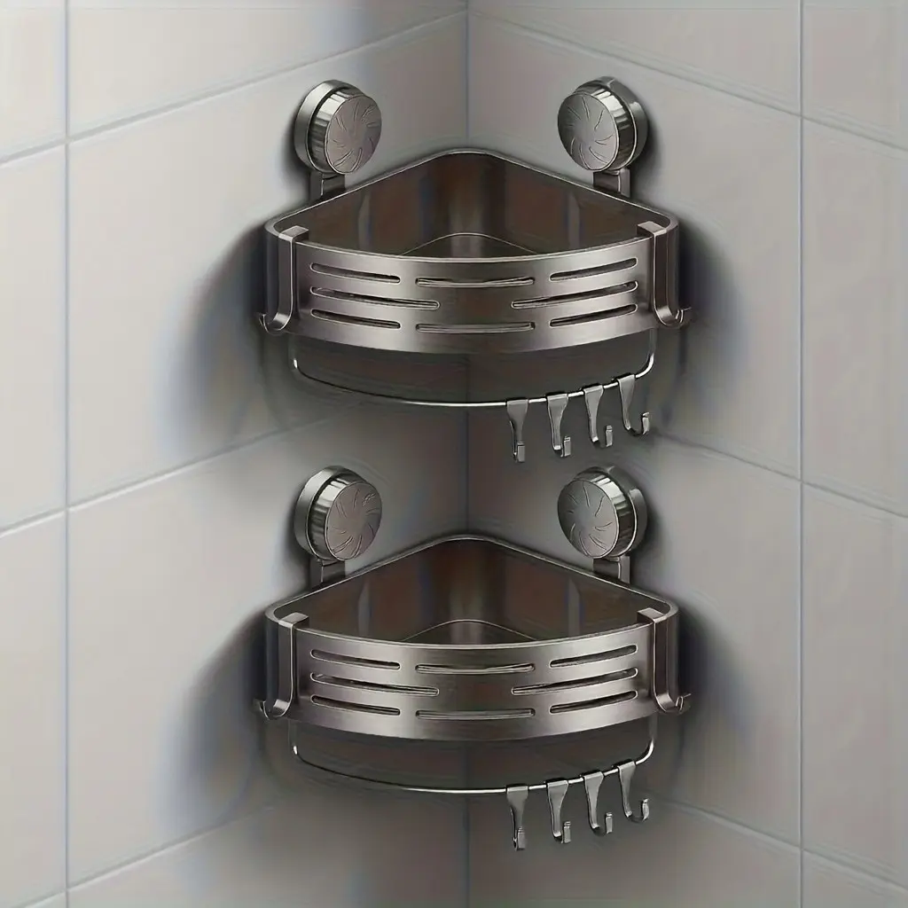 2pcs Suction Cup Triangular Bathroom Corner Wall-Mounted Non-Drilled Sink Toilet Storage Rack