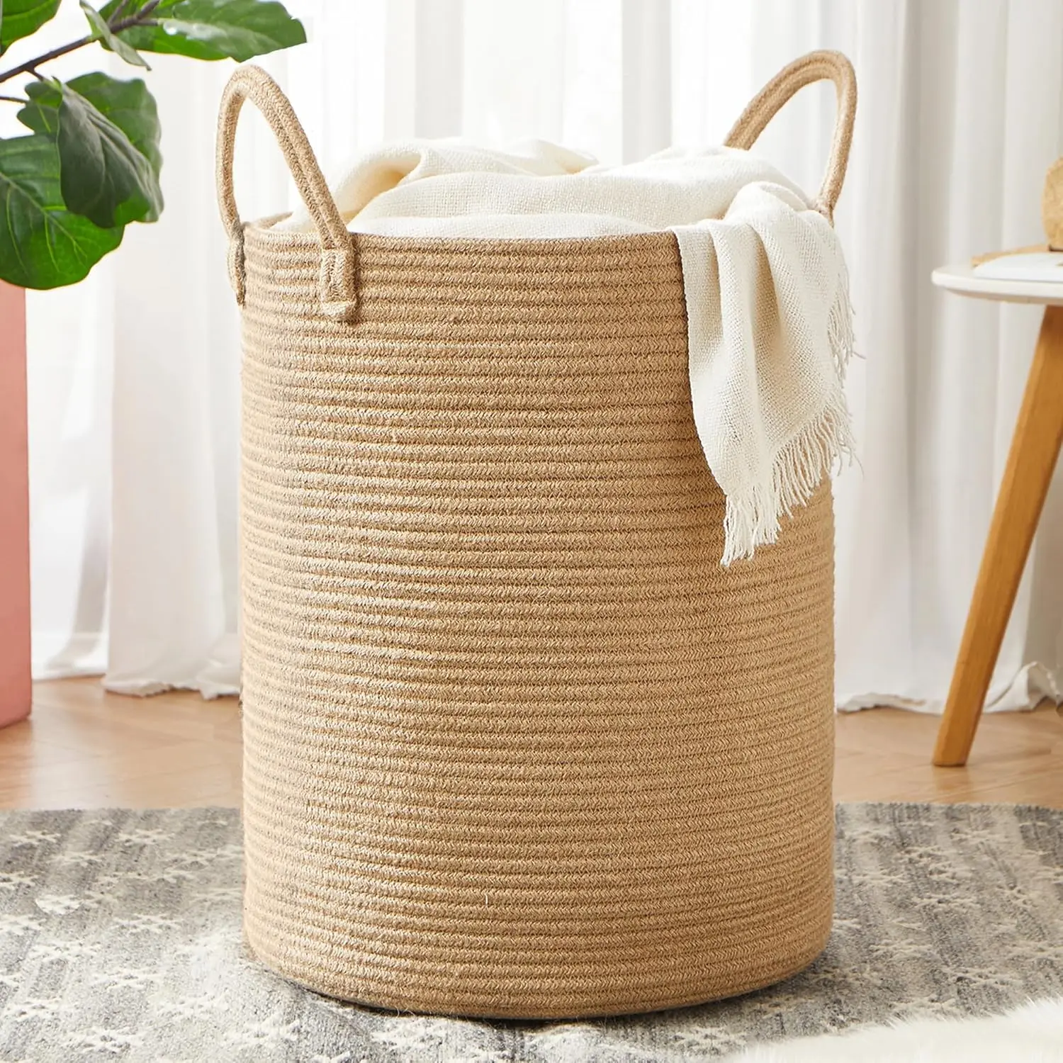 60L Large 15Dx20H Inches Jute Woven Laundry Hamper Tall Rattan Wicker Rope Basket for Clothes Blanket Storage in Living Room Bedroom