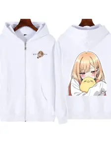 American Fashion Zipper Hooded Cardigan, Front Simple Character Logo, Back Gold Hair Soft Girl Holding Chicken, Double-Sided Print