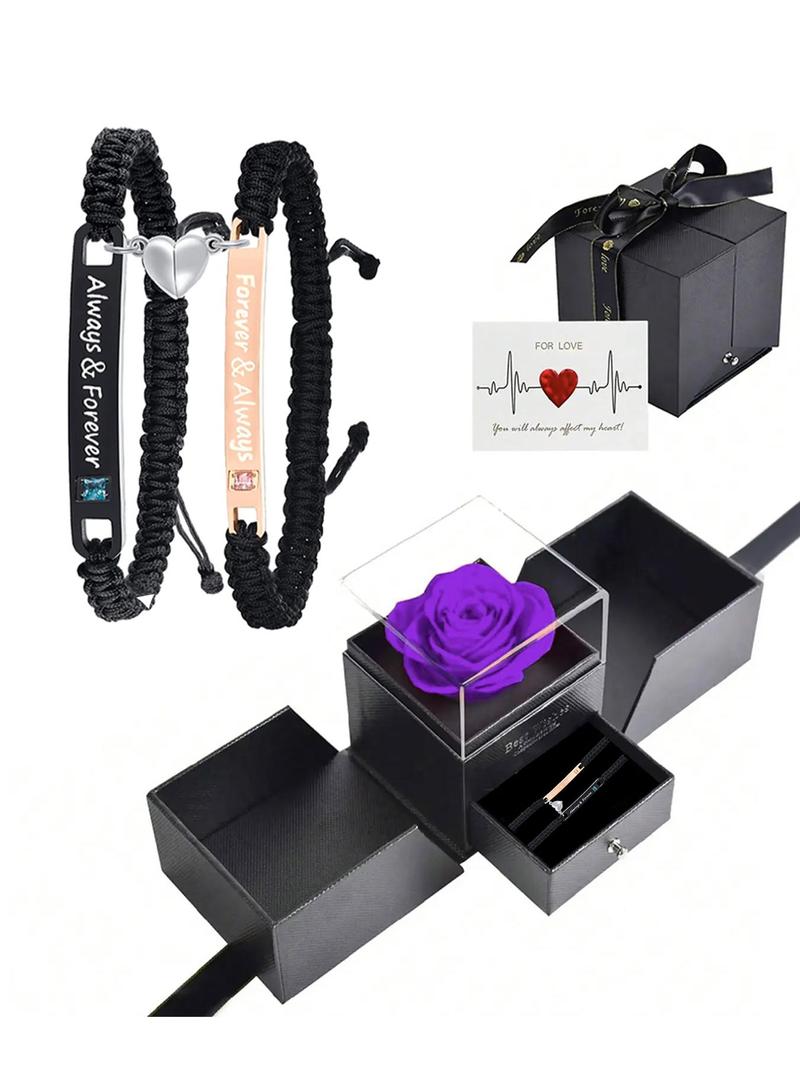 Braided Couple Matching Bracelet (2pcs/1 Set), Magnetic Heart & Letter Design Link Bracelet for Women & Men, Jewelry for Birthday Gift with Rose Box, Personalized Couples Bracelet, Adjustable Bracelets
