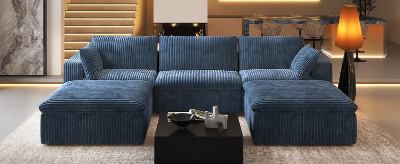 ARCH 78.74" L Shaped Modern Sofa Modular Sectional Cloud Couch with Ottoman,Upholstered Couches with Plush Corduroy Fabric for Living Room Furniture,Bedroom and Apartment,No Assembly Required,Blue