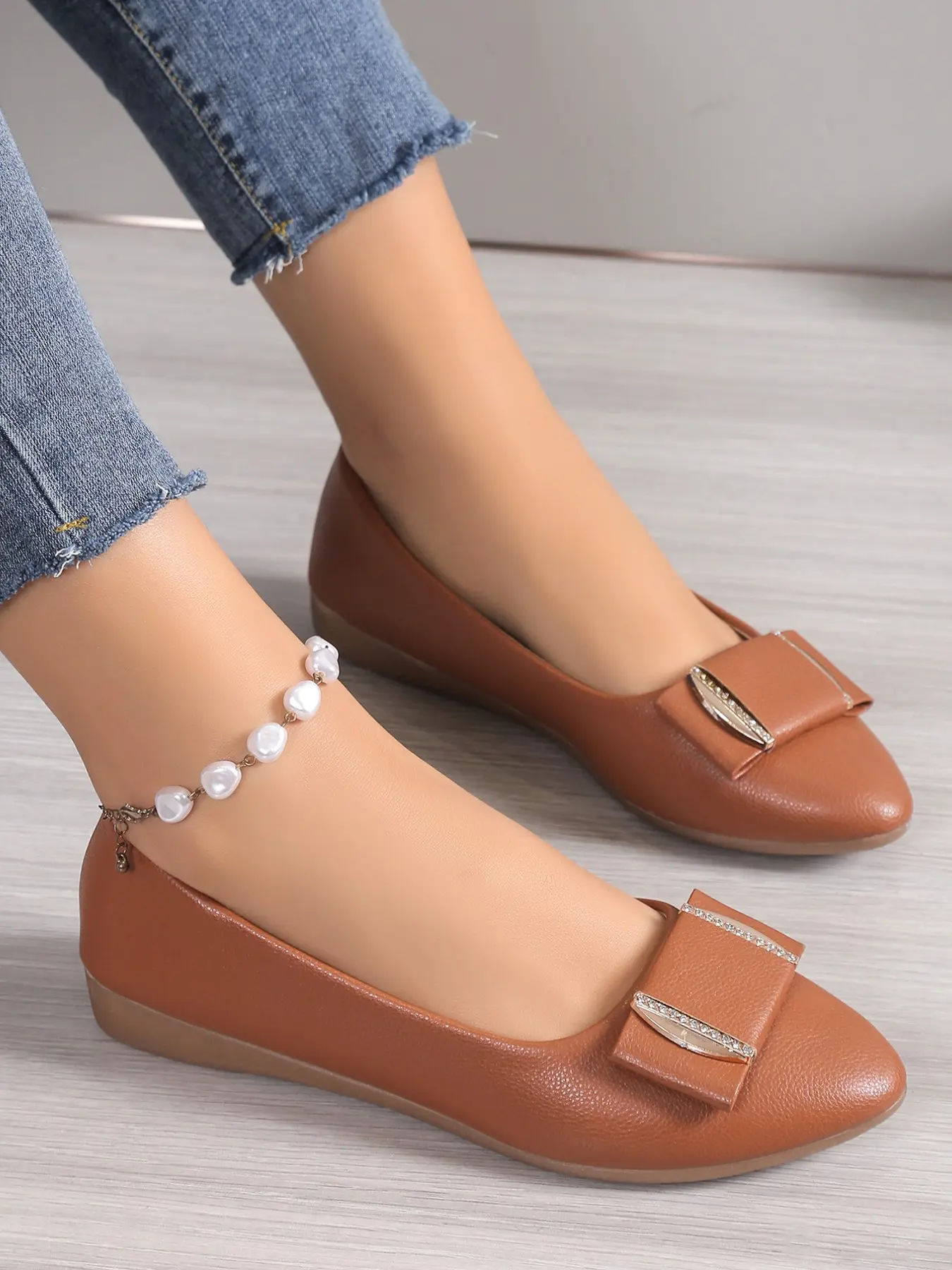 Women's Bow Ballet Flats, Rhinestone Decor Pointed Toe Slip On Flat Shoes, Soft Comfort Casual Walking Shoes for Office Daily Wear