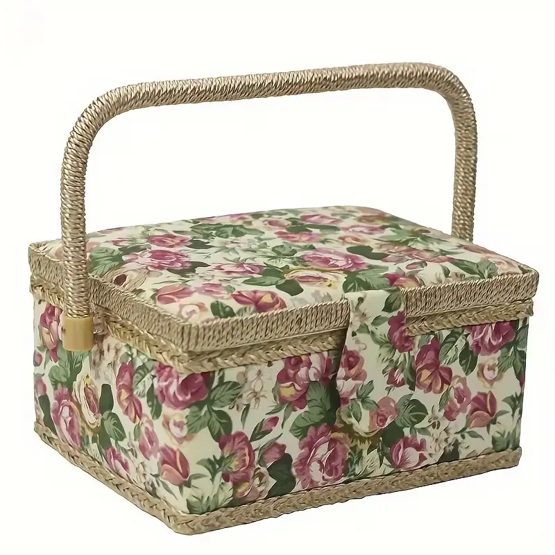 Vintage Floral Sewing Storage Basket, Handheld Fabric Needle Case, Detachable Plastic Tray, Portable Craft Organizer, Perfect Gift