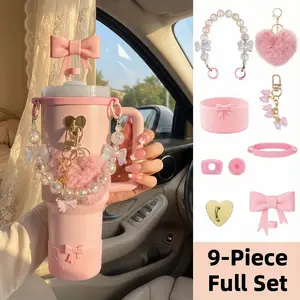 9pcs Bow Coquette Pink Accessories Set for 40oz/30oz Tumbler - Includes Pearl Handle Chain, Silicone Boot, Straw Cover, Heart-Shaped Charm & Spill Stoppers, Water Bbottle Charms Aesthetic - Cute Preppy Aesthetic Gift for Women Girls（No Cup)