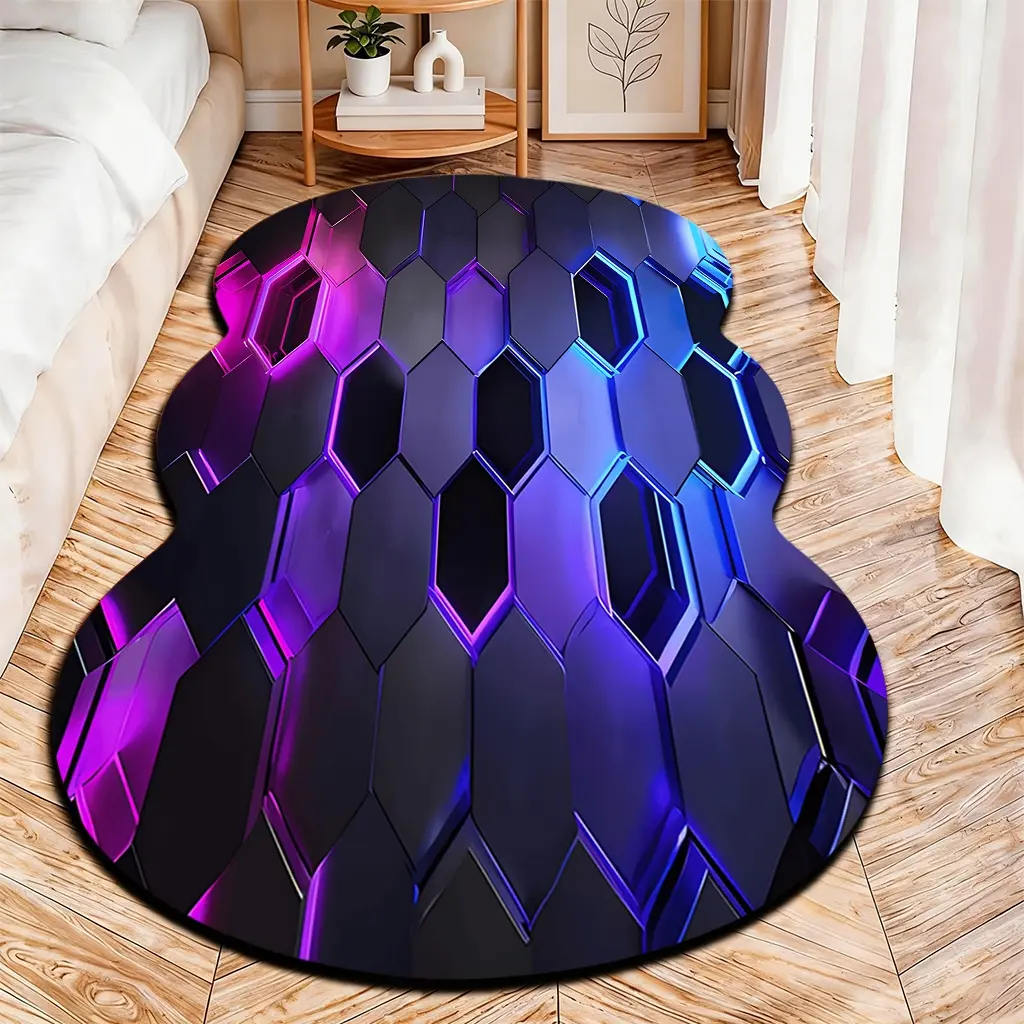 2D Flat velvet irregular rug with cyberpunk-style purple and blue gradient hexagonal honeycomb pattern, machine washable non-slip carpet for gaming rooms/eclectic bedrooms, all seasons decor, durable & easy to clean.