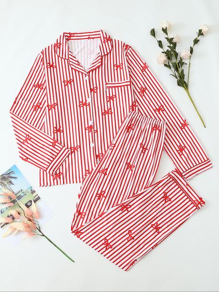 【Valentine Pajamas】Two-Piece Set Women's All Over Bow Print Button Front Shirt & Pants Pyjama, Casual Comfy Long Sleeve Lapel Neck Top & Trousers PJ Set, Women's Sleepwear for Spring & Fall