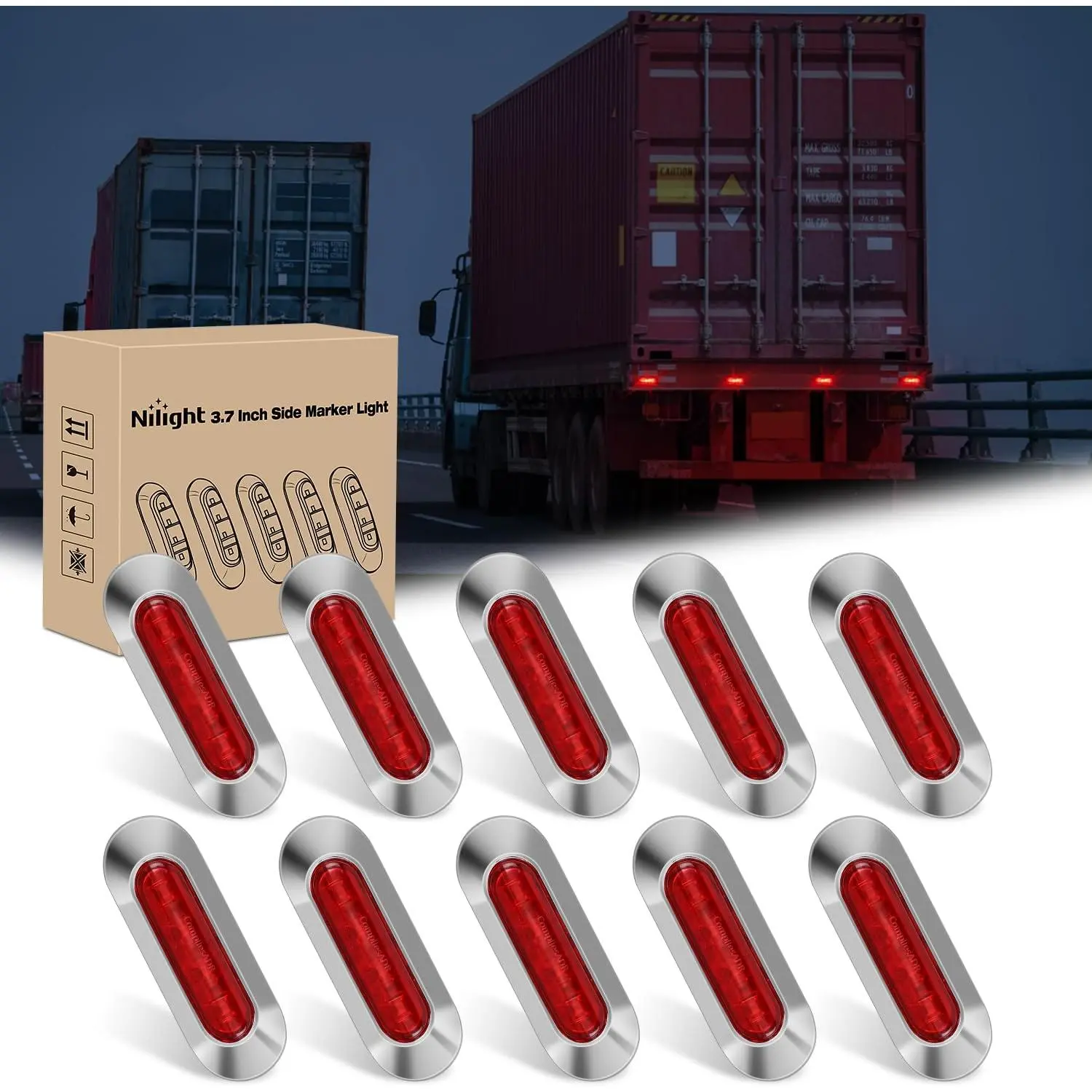 Nilight 10PCS Red Oval LED Truck Pickup Side Marker Lights - 4 LEDs, 3.7 in, IP68 Waterproof, DC 12-24V, Chrome Bezel, 24 AWG Wiring, Fix with Screws, Navigation/Step Lights, Universal for All 12-24V Vehicles, Navigation Lights