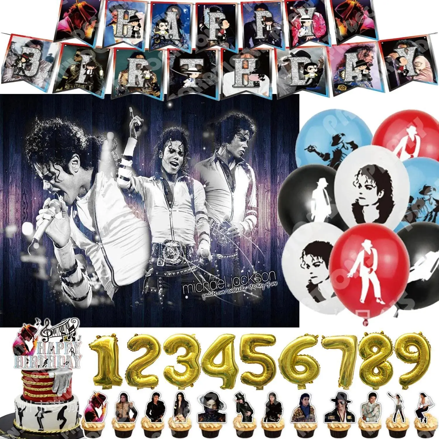 M-Michael&Jackson Fans Party Supplies Retro 80s 90s Music Birthday Party Decor Balloon Banner Cake Toper Adult Kids Party Favors