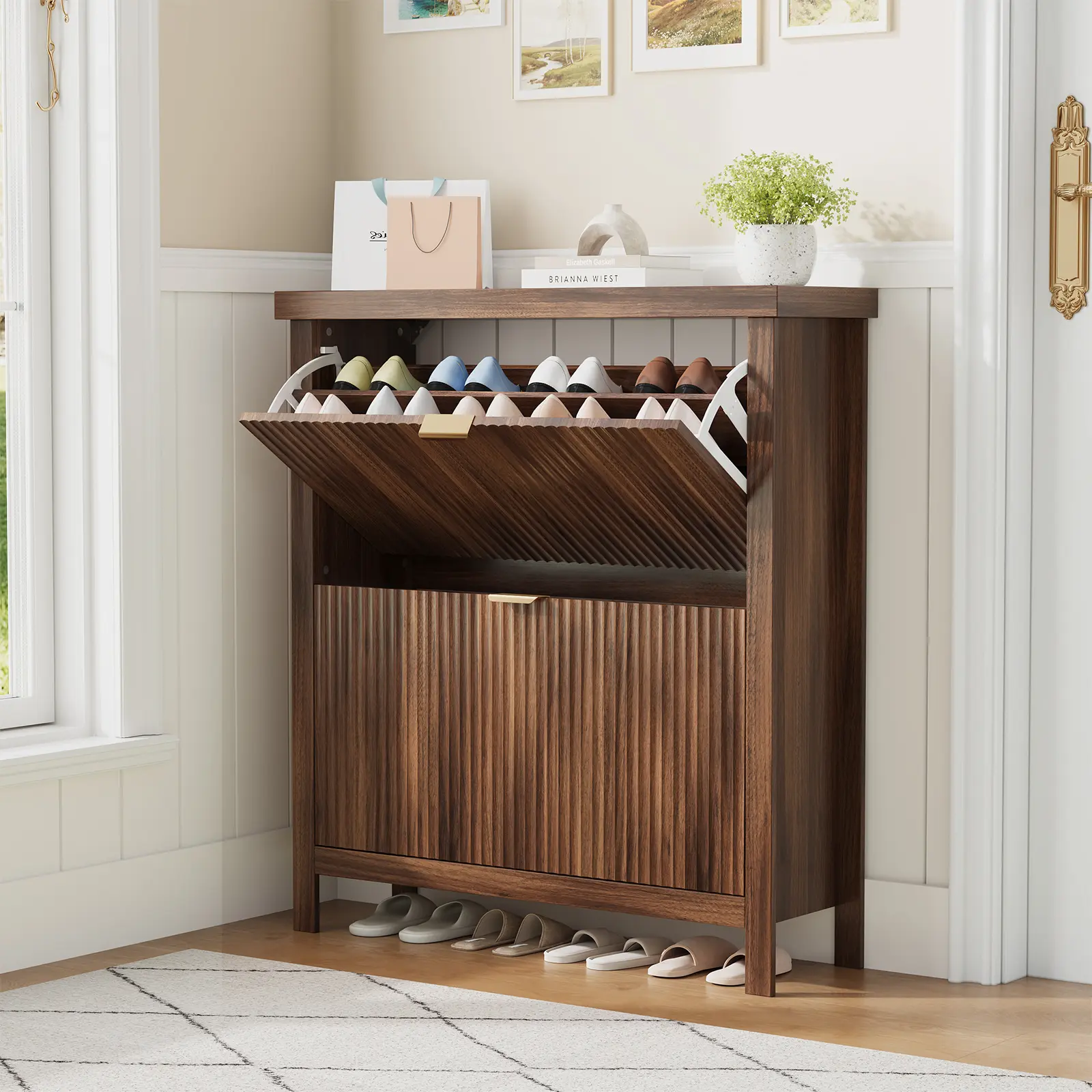 Fluted Shoe Storage Organizer Cabinet for Entryway - 2 Turnover Drawers, Space-Saving Indoor Cupboard