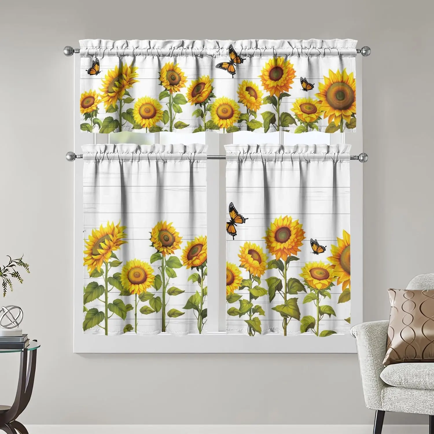 Sunflower Kitchen Curtains 3 Piece Set Tier Valance Window Decor 3 Piece Kitchen Curtain Set Includes 54x18in Valance and Two 27.5x36in Tier Curtains for Kitchen, Bedroom and Living Room