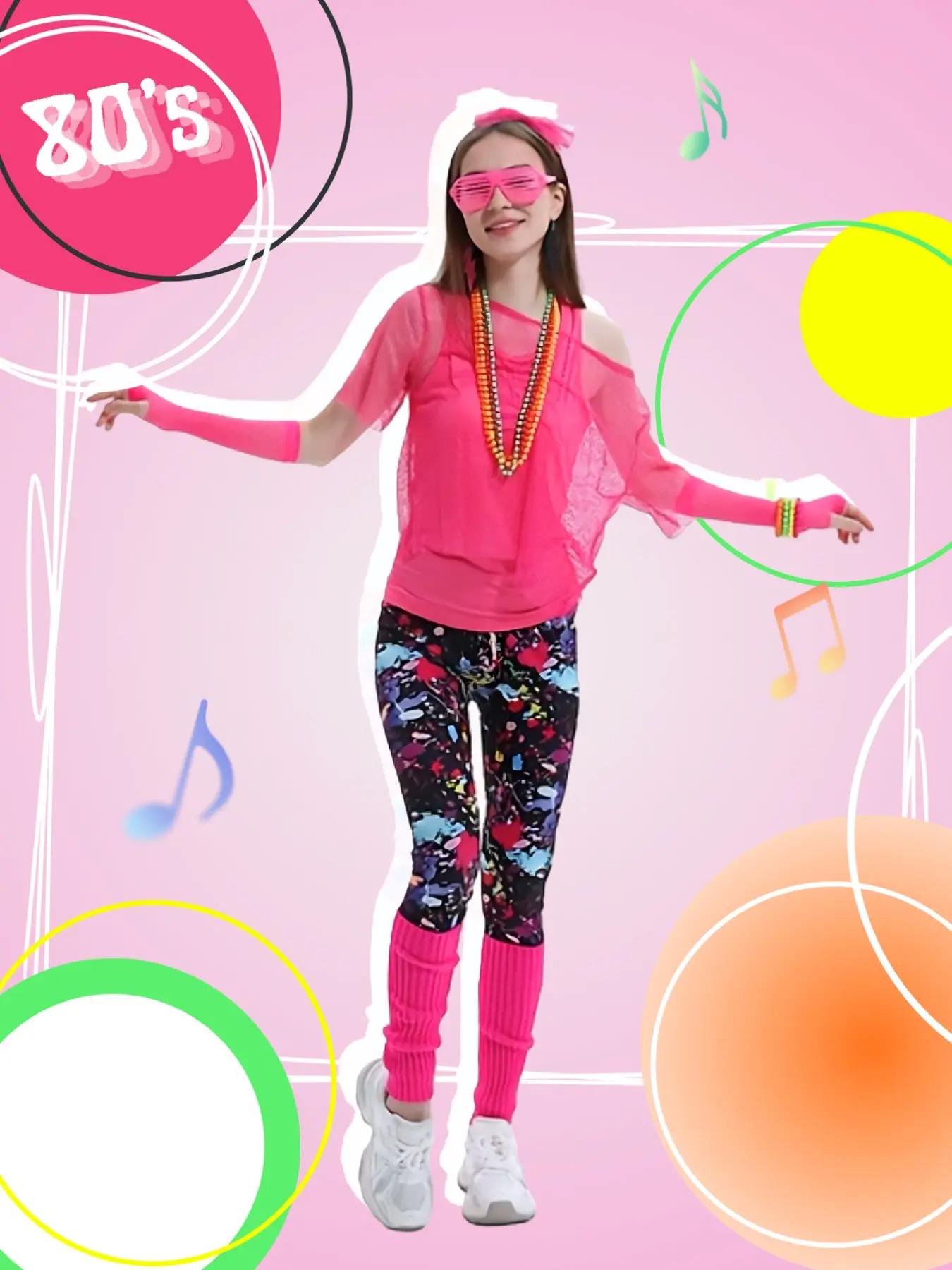 Women's 80s retro neon pink aerobics full costume set, includes neon pink disco fishnet top, matching tank top, slouch leg warmers, long fishnet gloves and so on,perfect for Halloween, retro 1980s theme party & disco fancy dress cosplay outfit