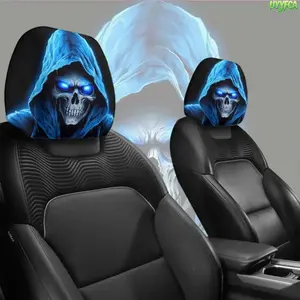 2-Pack Glowing Blue Reaper Skull Car Headrest Covers, Universal Stretch Washable Fabric Seat Head Rest Protectors, Full Print Horror Grim Reaper Design, Compatible With Car Truck SUV Van, Ideal Automotive Interior Decor For Road Trips, Daily Driving