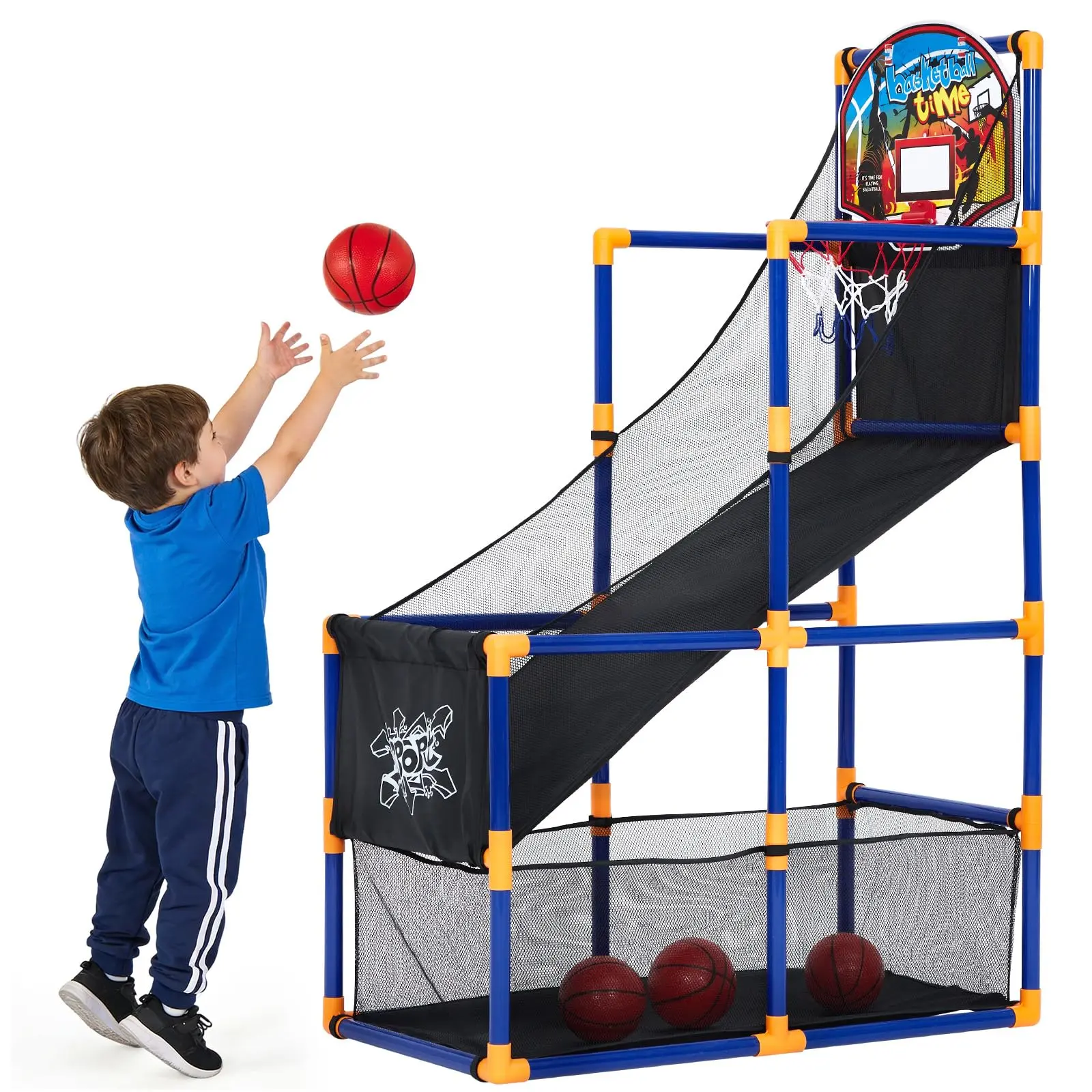Basketball Arcade Game Set with 4 Balls – Indoor & Outdoor Basketball Hoop and Dart Game, Height Adjustable Sports Toy with Ball Return Ramp for Boys & Girls Ages 3+