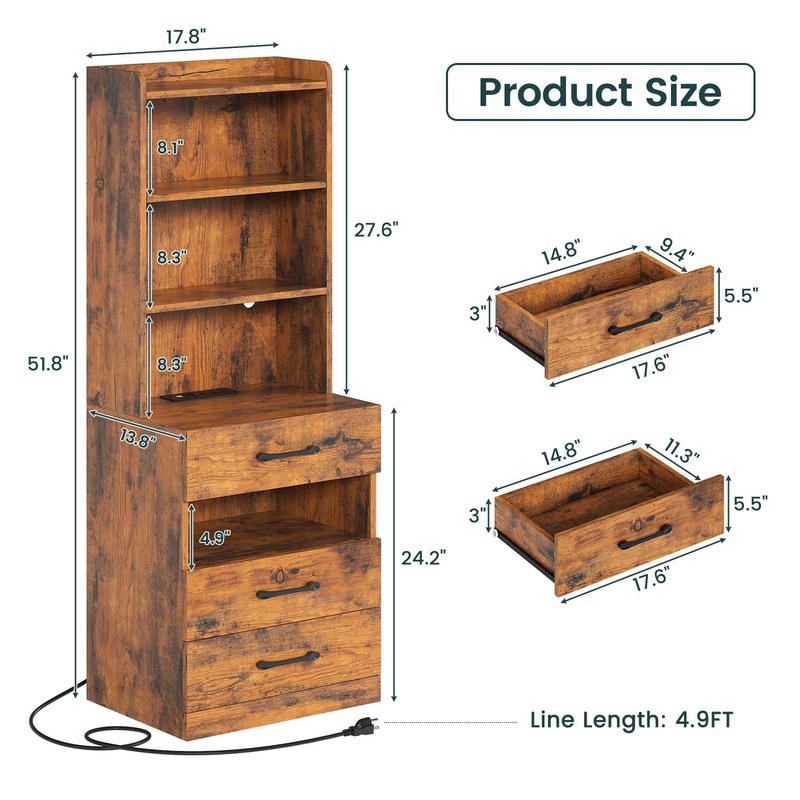 Sikaic LED Tall Nightstand with Bookshelf Brown Multifunctional Console Table Modern Corner Vanity Modern Furniture