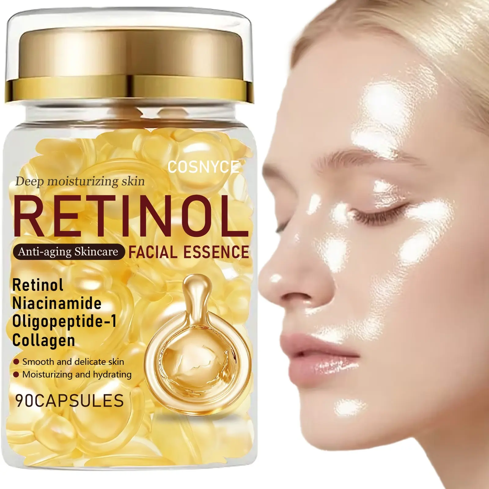 90 Capsules Collagen Essence, Deep Hydration, Contains Collagen, Retinol, Niacinamide, Alcohol-Free, Suitable for All Skin Types