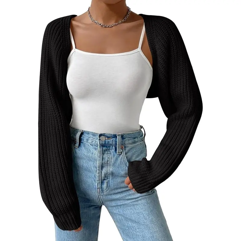 Women’s Long Sleeve Knit Crop Cardigan, Open-Front Drop Shoulder Bolero Shrug Sweater for Casual Layering, Going Out, Office & Everyday Outfits