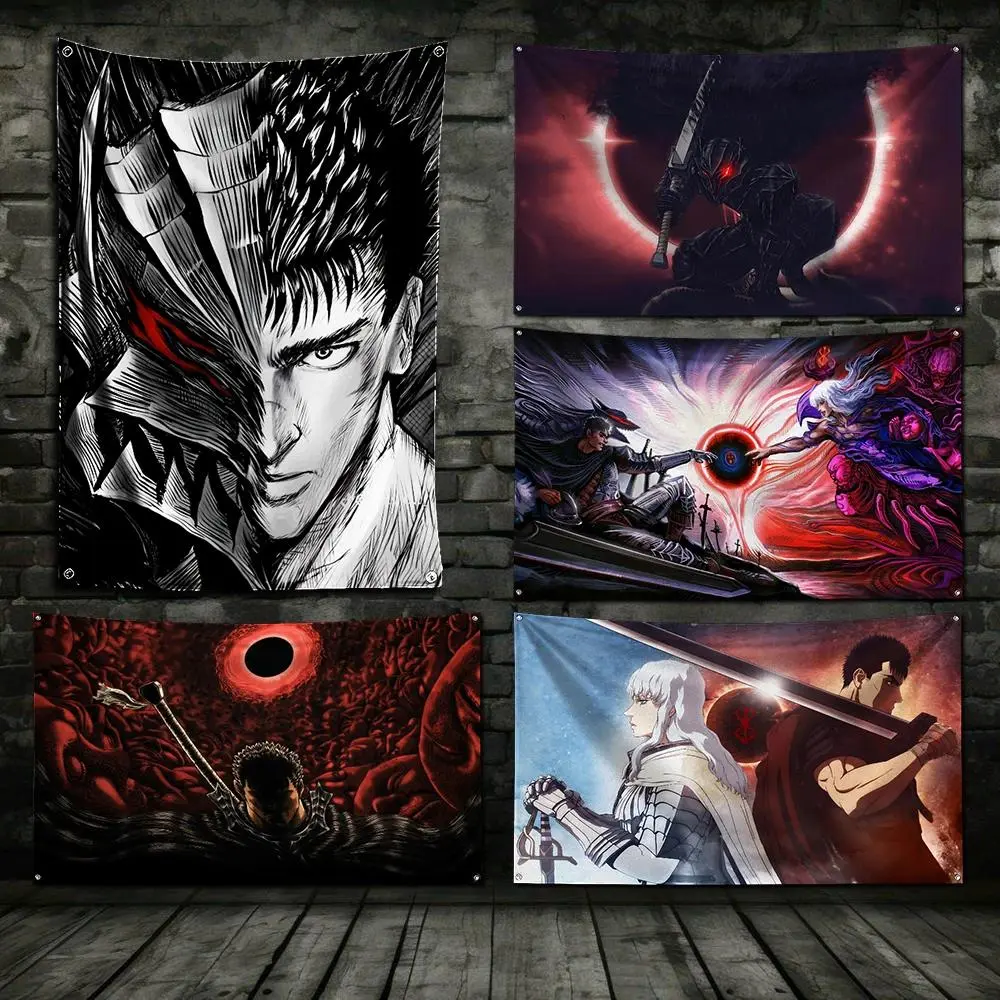 5×6 Ft Anime Berserk Flag Polyester Digital Printing Banner for Garage Wall Art Out Door Shiny Durable Tapestries, Simple Chic Tapestries