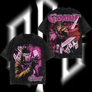 Retro Gambit Front Bust Character Portrait Bottom "GAMBIT" Letter Print & Large Top Pink Bold "GAMBIT" Header Full Hero Playing Card Background Dual-Sided Vintage Washed Black T-Shirt, Unisex Oversized Heavyweight Cotton Streetwear Top