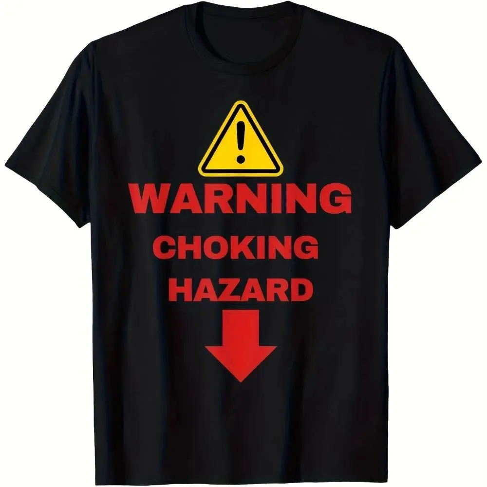 Warning Choking Hazard Humor T-Shirt 100% Casual Graphic Tee with Bold Yellow Red Caution Print Regular Fit Short Sleeve