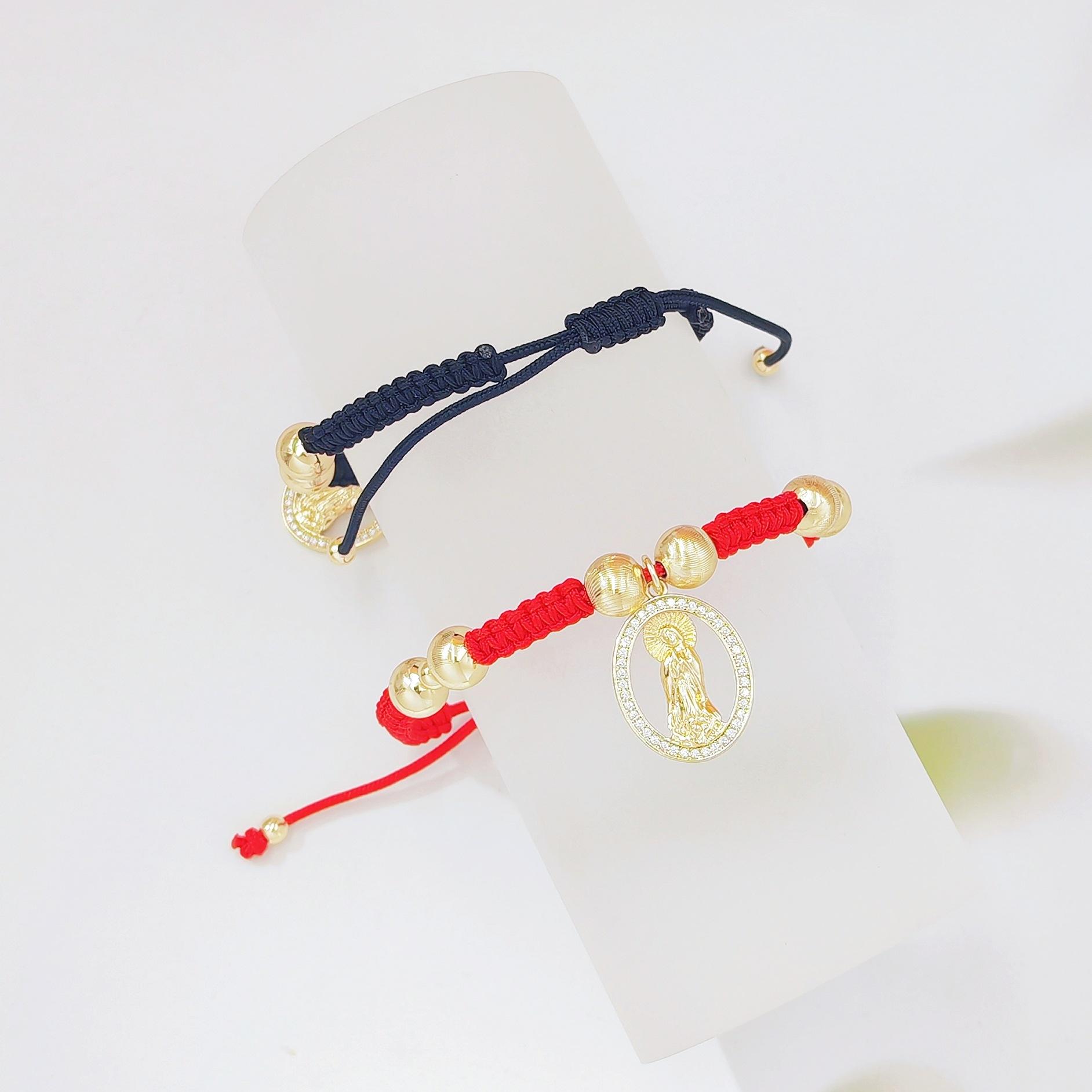 Cubic Zirconia Virgin Mary Red Rope Bracelet, Handmade Braided Adjustable Design with Gold Beads, Religious Inspired Jewelry for Women, Perfect for Daily Wear, Party & Spiritual Gift Giving